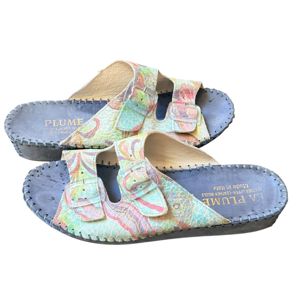 La Plume Sandals Women‎ US 7.5 Pastel Leather Floral Double Buckle Slides Italy